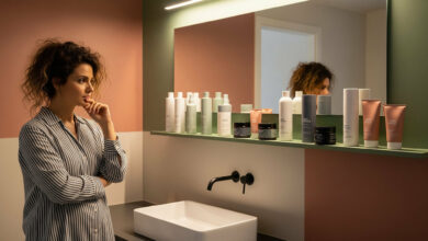 Woman with curly hair thoughtfully examining a shelf of anti-frizz products (dusty rose, sage green, cream, charcoal packaging) in a modern bathroom, for drugstore hair product reviews.