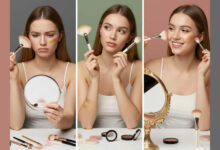 Visual ranking of fan brushes: A woman disappointed with uneven highlight, then thoughtfully comparing different fan brushes, and finally smiling happily with a beautifully applied, natural highlight, showcasing effective tools.