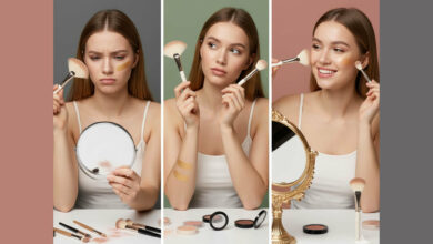 Visual ranking of fan brushes: A woman disappointed with uneven highlight, then thoughtfully comparing different fan brushes, and finally smiling happily with a beautifully applied, natural highlight, showcasing effective tools.