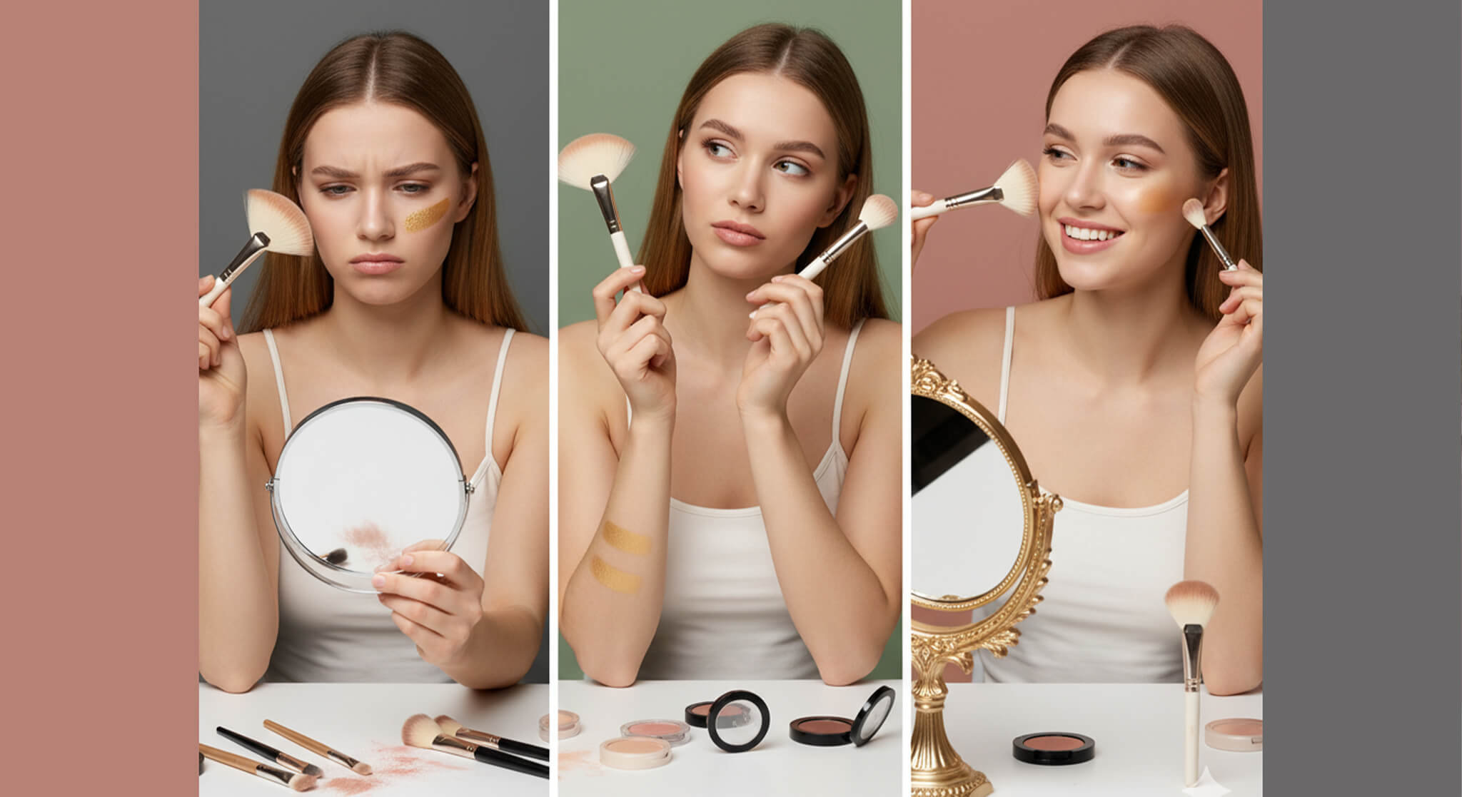 Visual ranking of fan brushes: A woman disappointed with uneven highlight, then thoughtfully comparing different fan brushes, and finally smiling happily with a beautifully applied, natural highlight, showcasing effective tools.