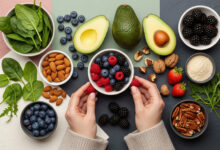Hands selecting anti-aging foods: berries, avocado, spinach, nuts arranged on a dusty rose, sage green, cream, and charcoal background, for nutrition and skin health articles