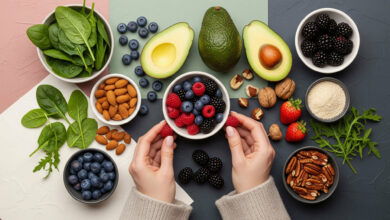 Hands selecting anti-aging foods: berries, avocado, spinach, nuts arranged on a dusty rose, sage green, cream, and charcoal background, for nutrition and skin health articles