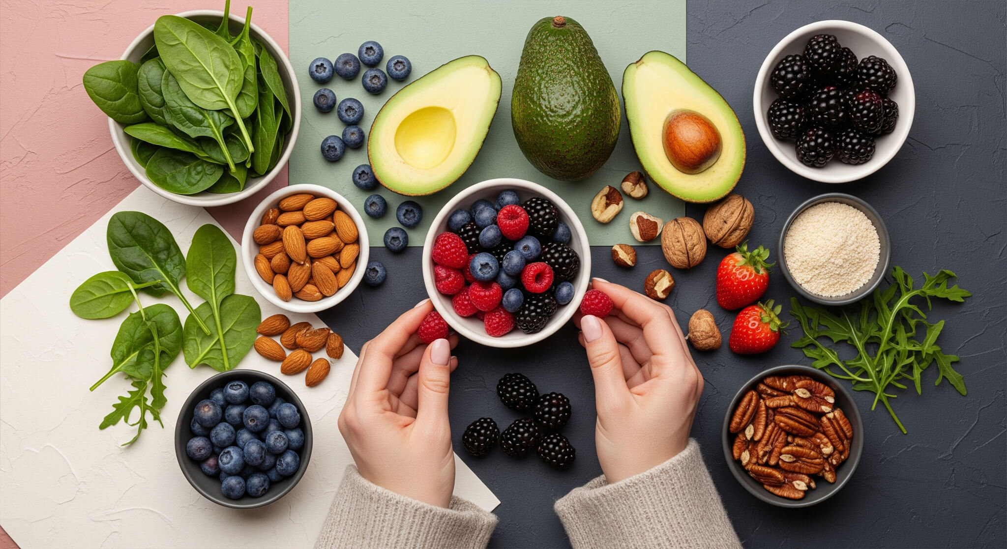 Hands selecting anti-aging foods: berries, avocado, spinach, nuts arranged on a dusty rose, sage green, cream, and charcoal background, for nutrition and skin health articles