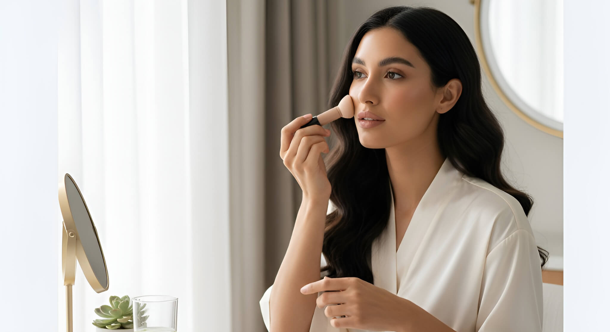 A gorgeous woman in a white robe applies foundation with a brush at a vanity, surrounded by various foundation sticks, for a review of the best foundation sticks for quick application.