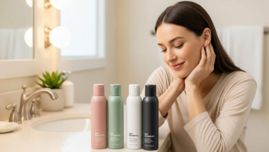 Smiling woman examining four dry shampoo bottles (dusty rose, sage green, cream, charcoal) in a clean bathroom, highlighting gentle formulas for sensitive scalps and hair care reviews.