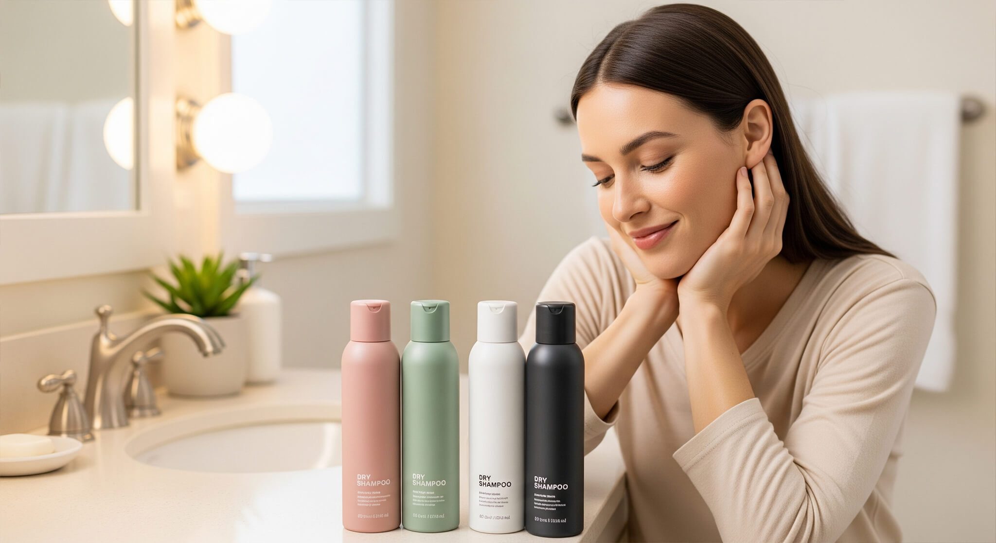 Smiling woman examining four dry shampoo bottles (dusty rose, sage green, cream, charcoal) in a clean bathroom, highlighting gentle formulas for sensitive scalps and hair care reviews.
