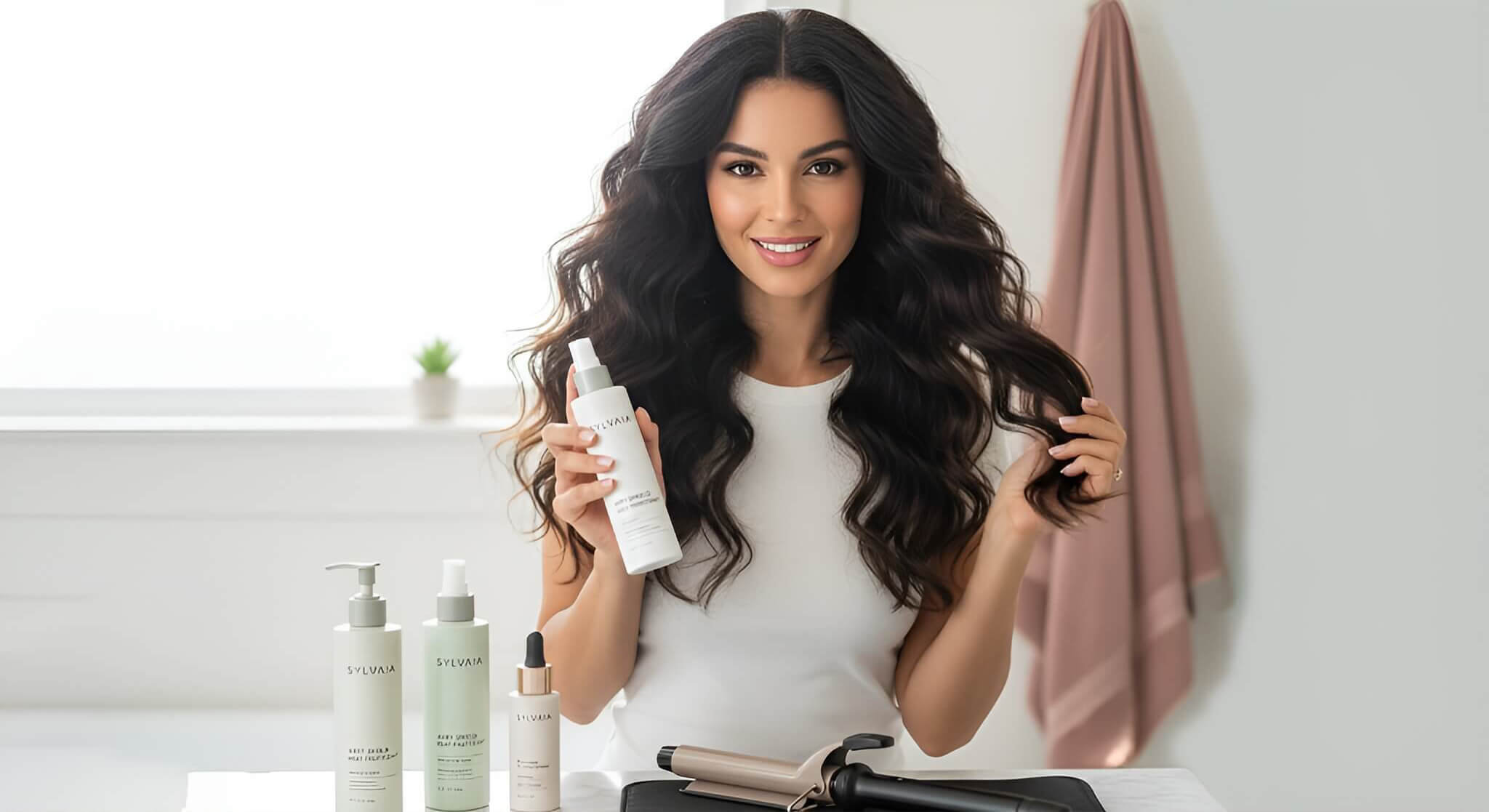 A gorgeous woman with voluminous wavy hair holds up a bottle of heat protectant, surrounded by other hair products and a curling iron, reviewed as the best heat protectants that maintain hair volume.