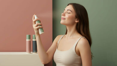 A smiling woman with her eyes closed sprays a hydrating mist onto her face, enjoying the refreshing sensation for tired skin.