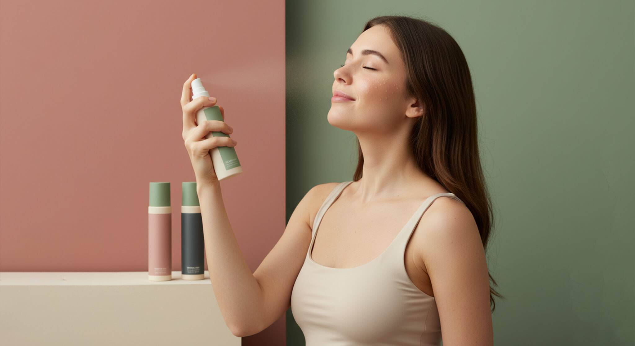 A smiling woman with her eyes closed sprays a hydrating mist onto her face, enjoying the refreshing sensation for tired skin.