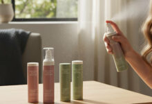 A woman applying a hydrating hair mist, held in an elegant sage green bottle, with other hair products in dusty rose and sage green, on a wooden table in a brightly lit room.