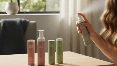 A woman applying a hydrating hair mist, held in an elegant sage green bottle, with other hair products in dusty rose and sage green, on a wooden table in a brightly lit room.