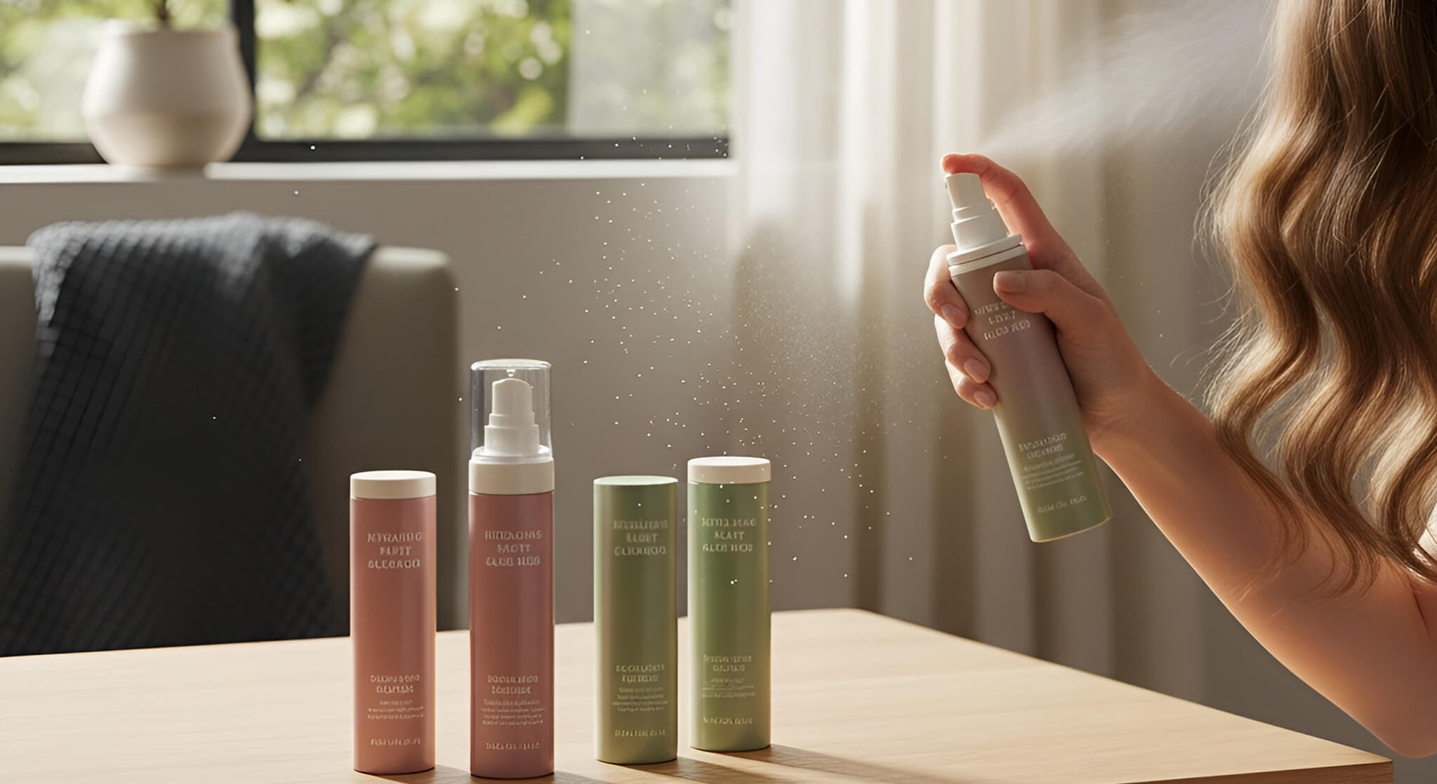 A woman applying a hydrating hair mist, held in an elegant sage green bottle, with other hair products in dusty rose and sage green, on a wooden table in a brightly lit room.