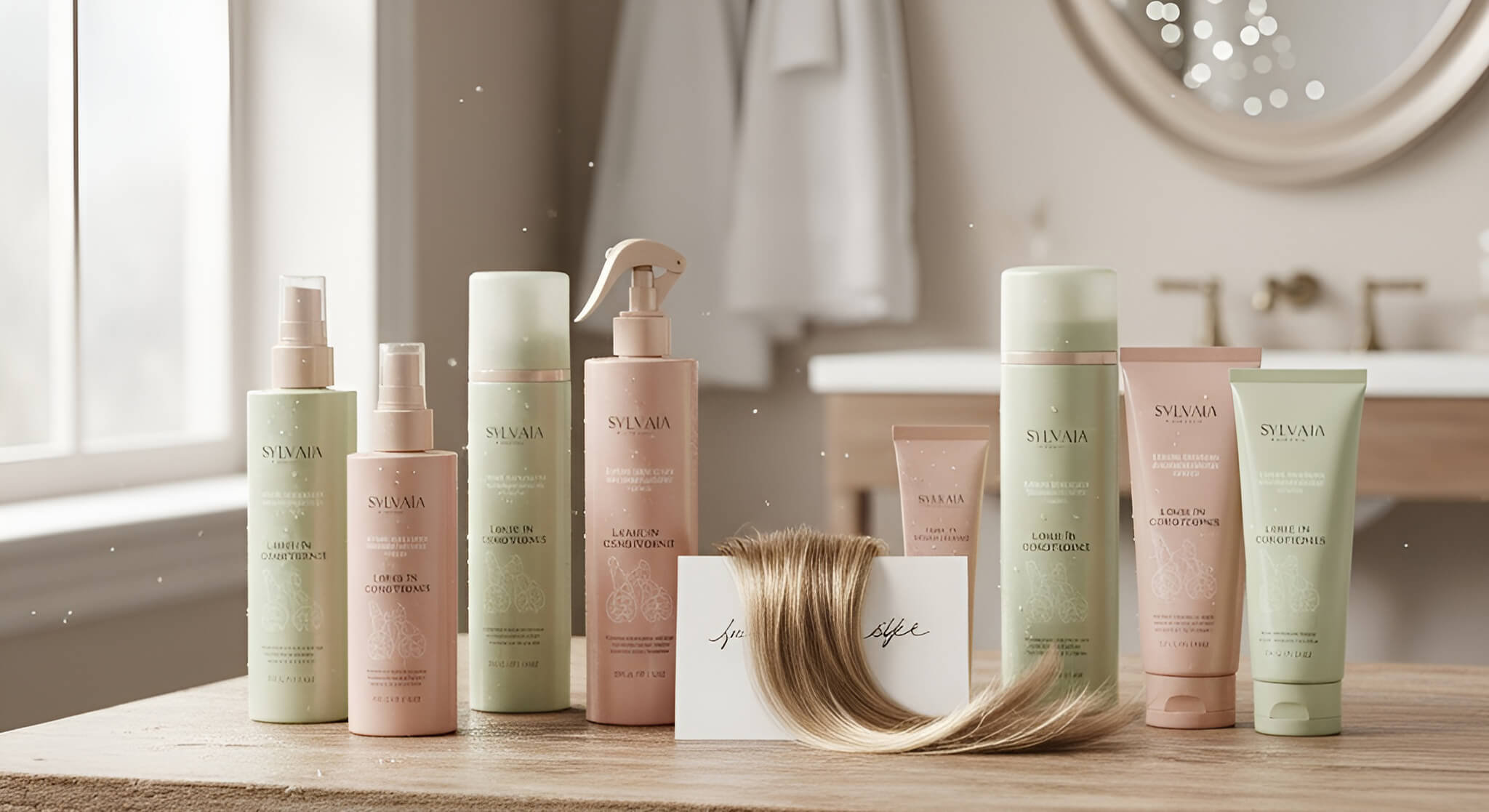 A curated selection of the best leave-in conditioners for an instant shine boost, showcased in elegant dusty rose and sage green bottles on a bright, naturally lit vanity.