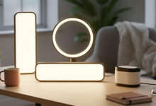 A serene home office setup showcasing a collection of the best light therapy lamps, glowing warmly on a wooden desk to create an uplifting atmosphere for fighting winter fatigue.