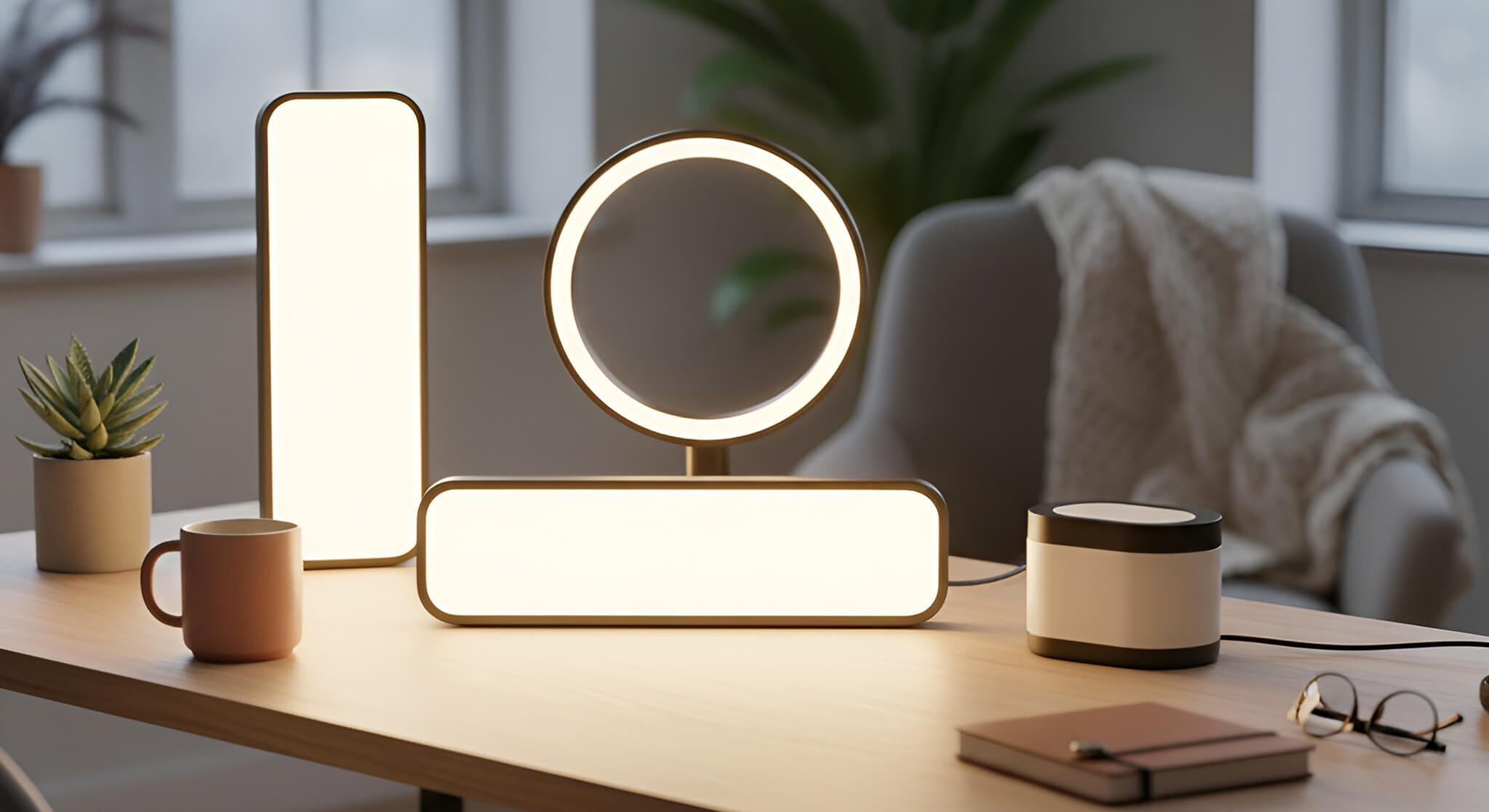 A serene home office setup showcasing a collection of the best light therapy lamps, glowing warmly on a wooden desk to create an uplifting atmosphere for fighting winter fatigue.