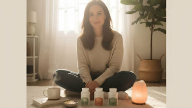 A ranking of the best magnesium supplements displayed on a serene kitchen counter, with a calm woman nearby, for calming the nervous system.
