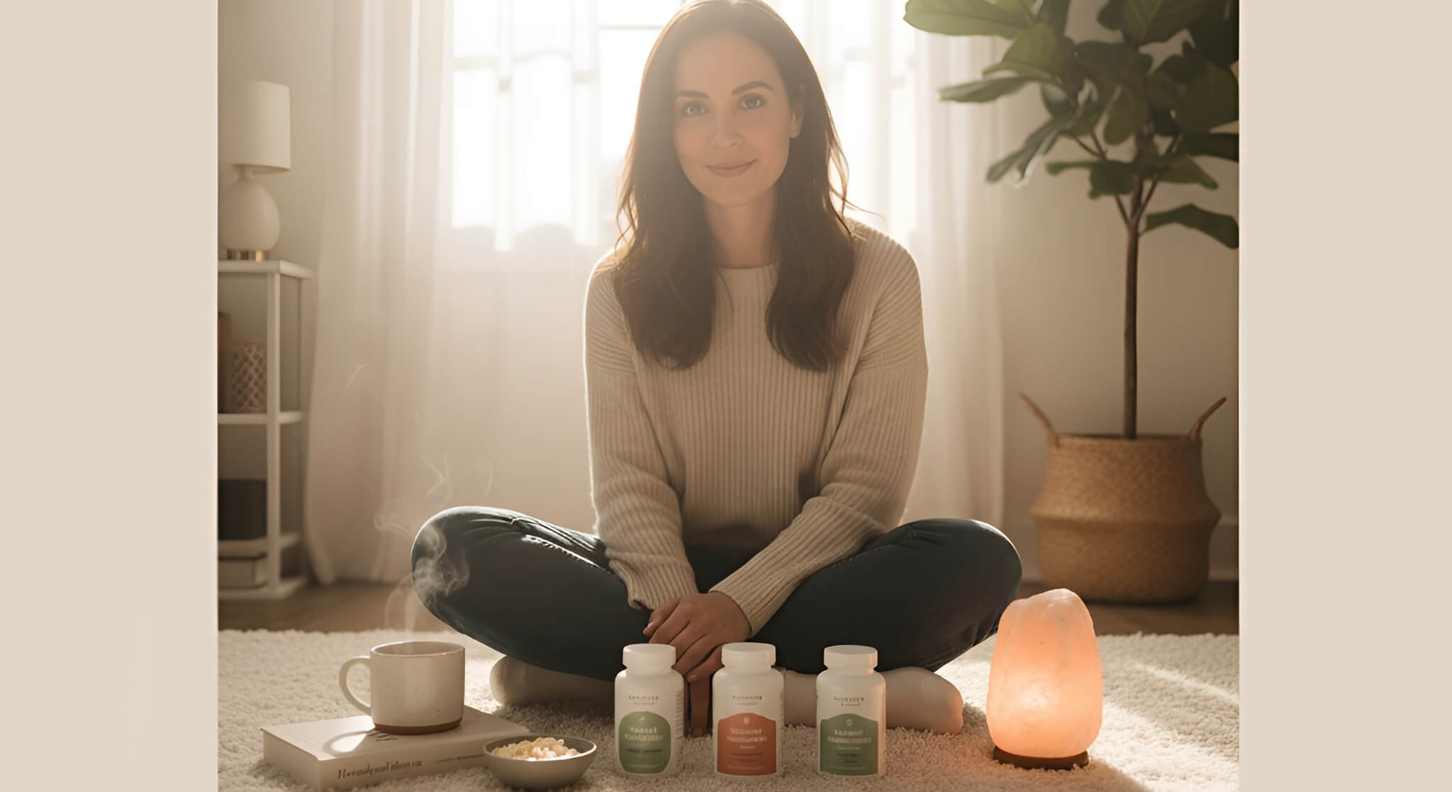 A ranking of the best magnesium supplements displayed on a serene kitchen counter, with a calm woman nearby, for calming the nervous system.