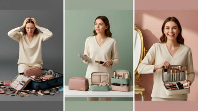 Visual review of makeup bags for travel: A woman frustrated with disorganized cosmetics, then thoughtfully comparing organized makeup bags, and finally smiling happily with a perfectly packed bag, highlighting effective travel solutions.