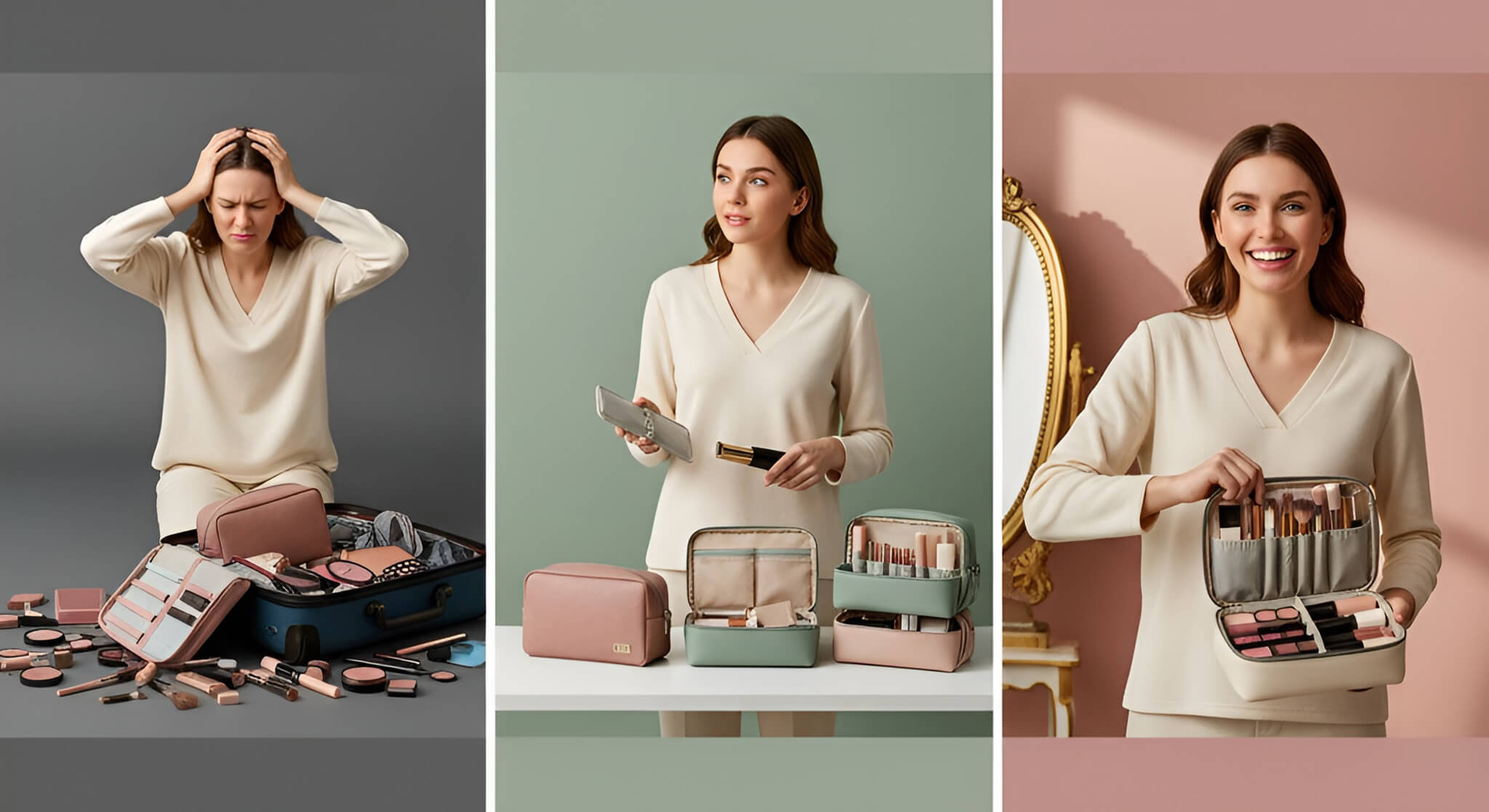 Visual review of makeup bags for travel: A woman frustrated with disorganized cosmetics, then thoughtfully comparing organized makeup bags, and finally smiling happily with a perfectly packed bag, highlighting effective travel solutions.