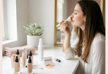 A woman applies foundation at a wide-angle vanity shot, surrounded by foundation bottles and an "oxidized" sample, demonstrating methods to prevent foundation from changing color.