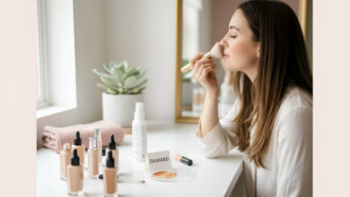 A woman applies foundation at a wide-angle vanity shot, surrounded by foundation bottles and an "oxidized" sample, demonstrating methods to prevent foundation from changing color.