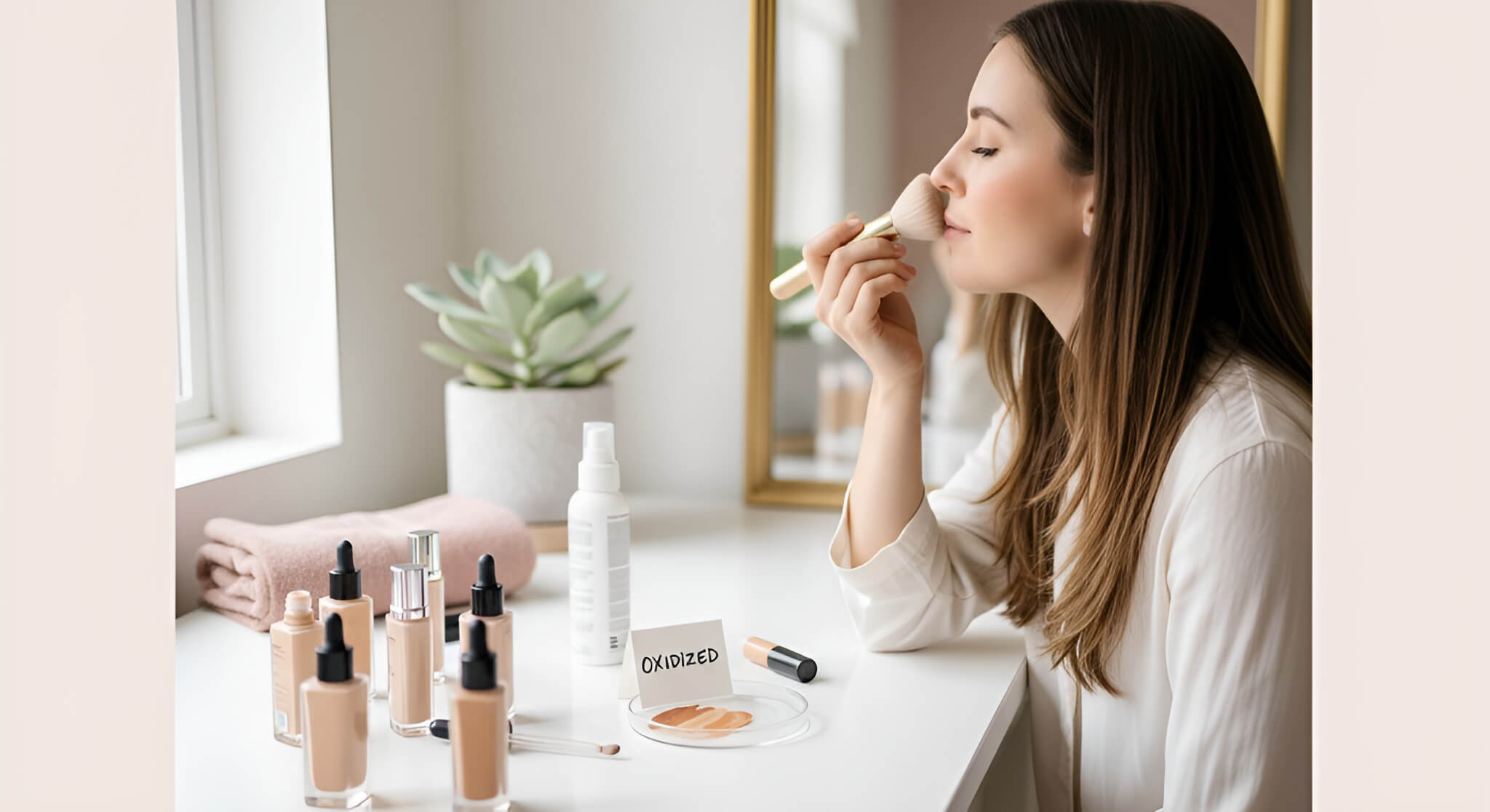 A woman applies foundation at a wide-angle vanity shot, surrounded by foundation bottles and an "oxidized" sample, demonstrating methods to prevent foundation from changing color.
