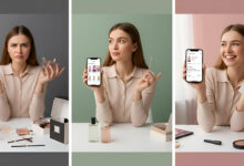 Visual review of perfume apps: A woman confused by many perfume bottles, then thoughtfully exploring a perfume discovery app on her phone, and finally smiling happily with her chosen fragrance, highlighting app benefits.