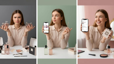 Visual review of perfume apps: A woman confused by many perfume bottles, then thoughtfully exploring a perfume discovery app on her phone, and finally smiling happily with her chosen fragrance, highlighting app benefits.