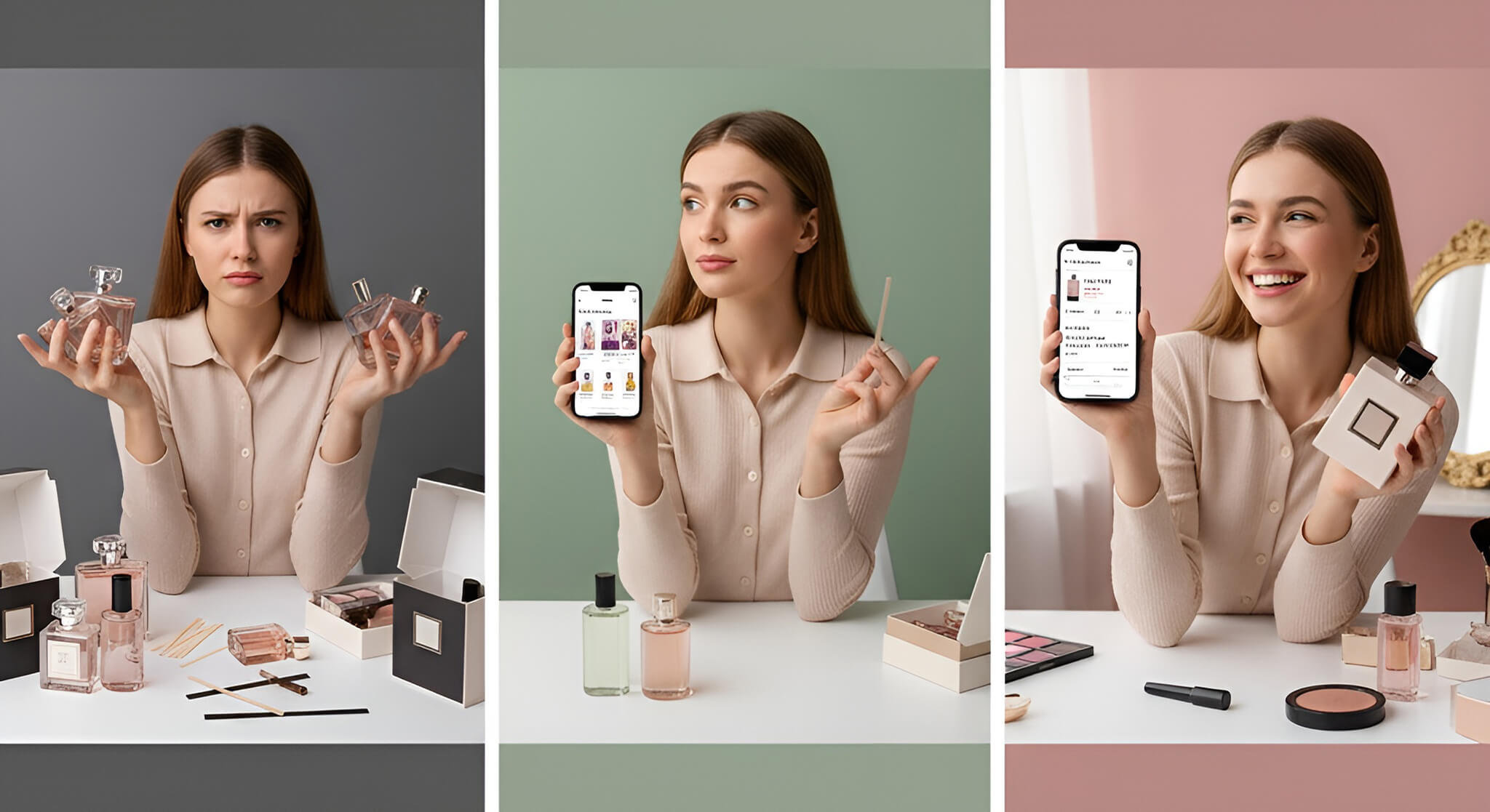 Visual review of perfume apps: A woman confused by many perfume bottles, then thoughtfully exploring a perfume discovery app on her phone, and finally smiling happily with her chosen fragrance, highlighting app benefits.