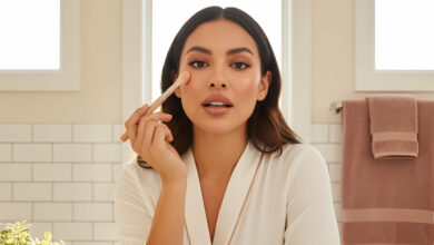 A gorgeous woman applies peach color corrector under her eye with a brush, surrounded by various peach and orange color correctors, for an article on neutralizing severe dark circles.
