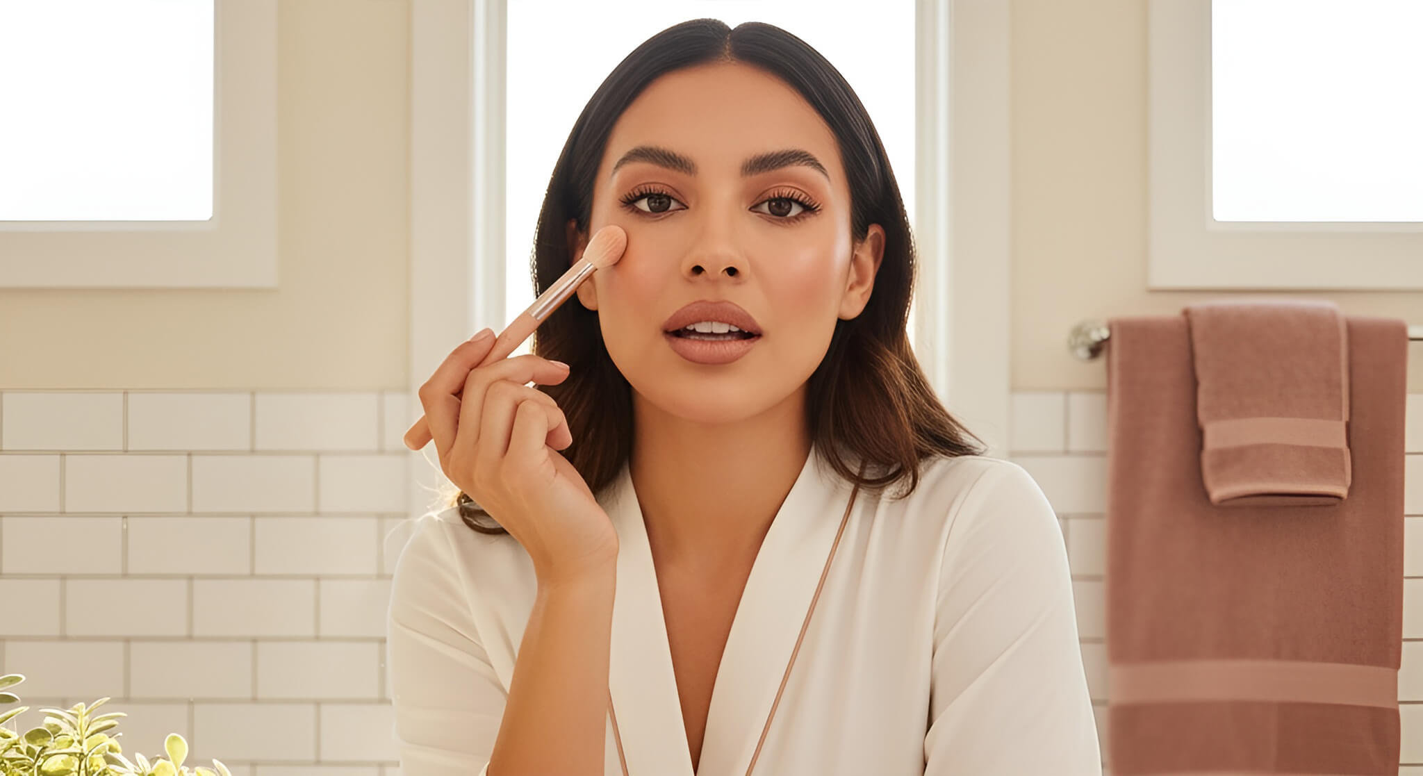 A gorgeous woman applies peach color corrector under her eye with a brush, surrounded by various peach and orange color correctors, for an article on neutralizing severe dark circles.