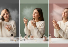 Visual ranking of powdery perfumes: A woman looking overwhelmed by scent choices, then thoughtfully testing different powdery perfumes, and finally smiling joyfully after finding her perfect classic, clean scent.