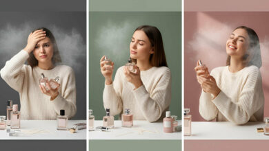 Visual ranking of powdery perfumes: A woman looking overwhelmed by scent choices, then thoughtfully testing different powdery perfumes, and finally smiling joyfully after finding her perfect classic, clean scent.