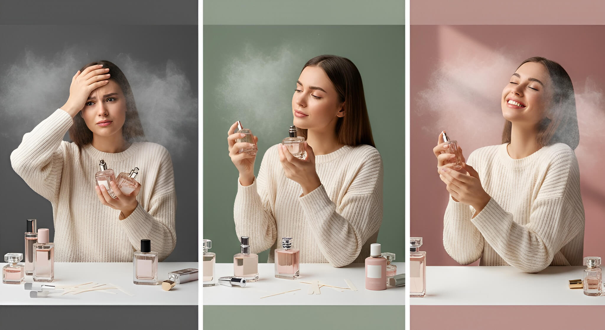 Visual ranking of powdery perfumes: A woman looking overwhelmed by scent choices, then thoughtfully testing different powdery perfumes, and finally smiling joyfully after finding her perfect classic, clean scent.