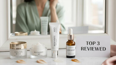 A reflection of a woman in a mirror above a vanity with three different retinol eye creams and a "TOP 3 REVIEWED" sign, showcasing the best retinol eye creams.