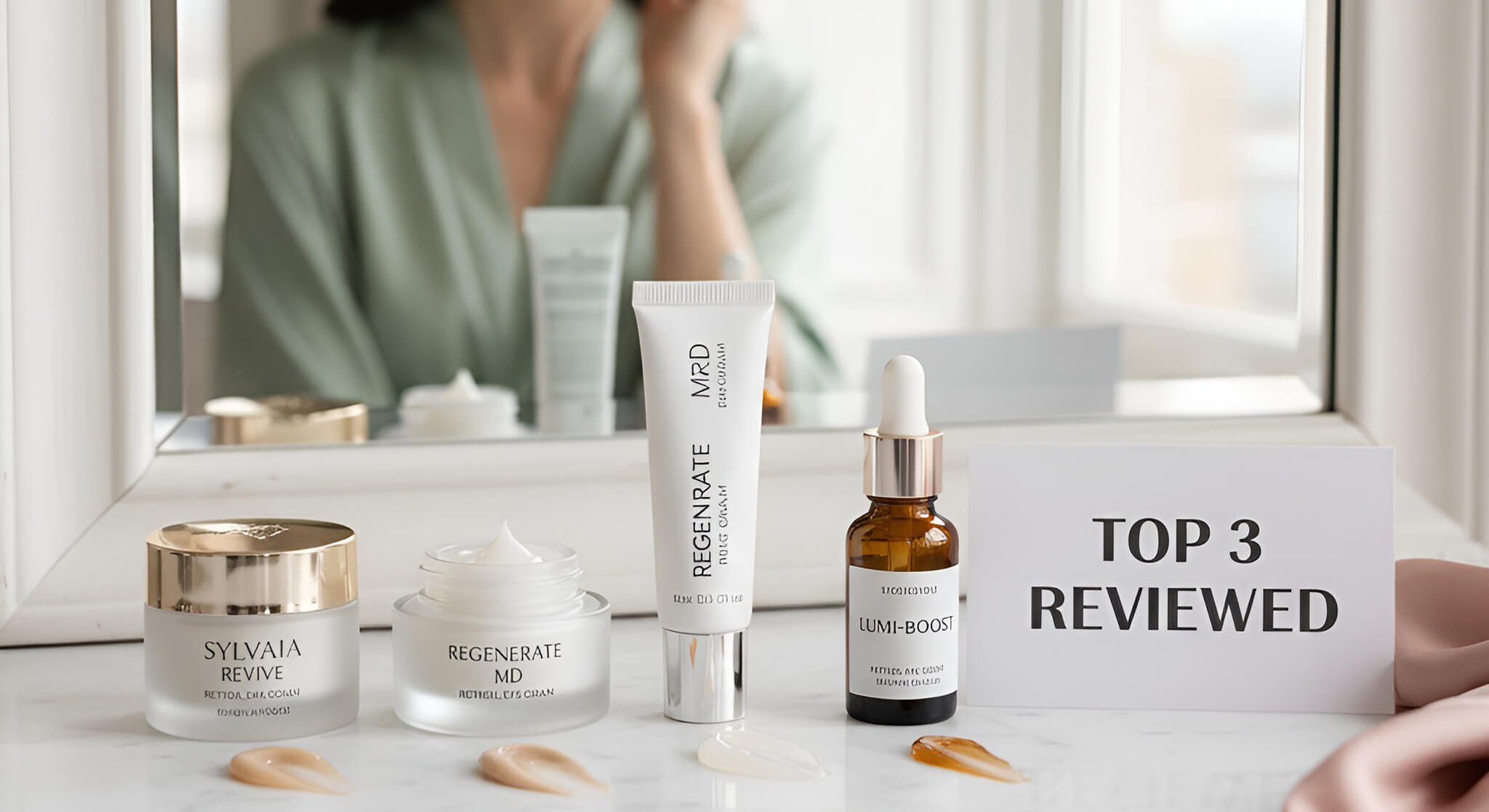 A reflection of a woman in a mirror above a vanity with three different retinol eye creams and a "TOP 3 REVIEWED" sign, showcasing the best retinol eye creams.
