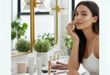 A gorgeous woman applies sunscreen and foundation in a well-lit bathroom, showcasing the best sunscreens that don't pill or look cakey under makeup.