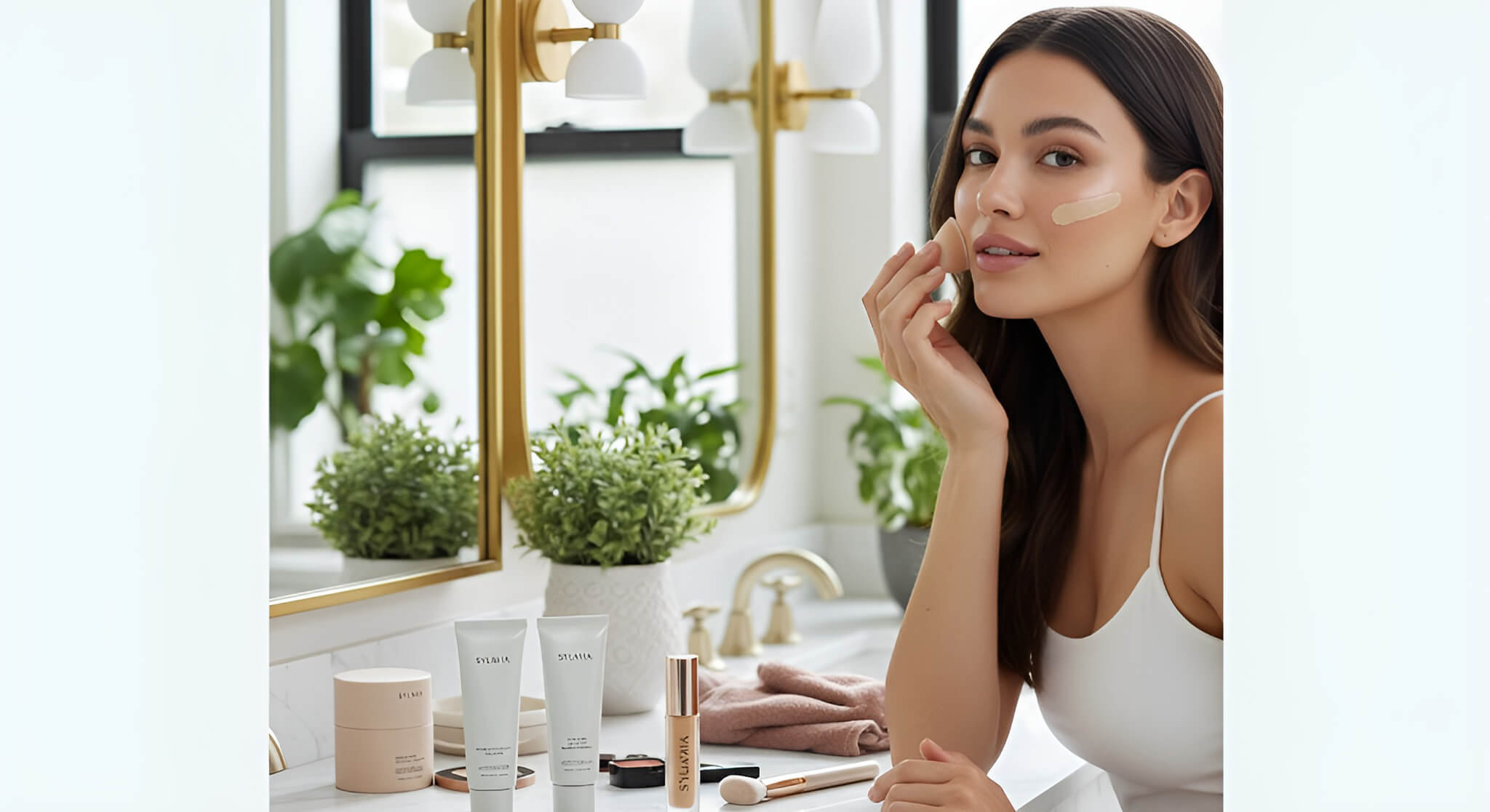 A gorgeous woman applies sunscreen and foundation in a well-lit bathroom, showcasing the best sunscreens that don't pill or look cakey under makeup.