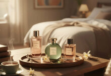 A cozy bedroom scene featuring a selection of warm and comforting vanilla perfumes on a wooden table, alongside a steaming cup and books, ideal for a thoughtful gift.