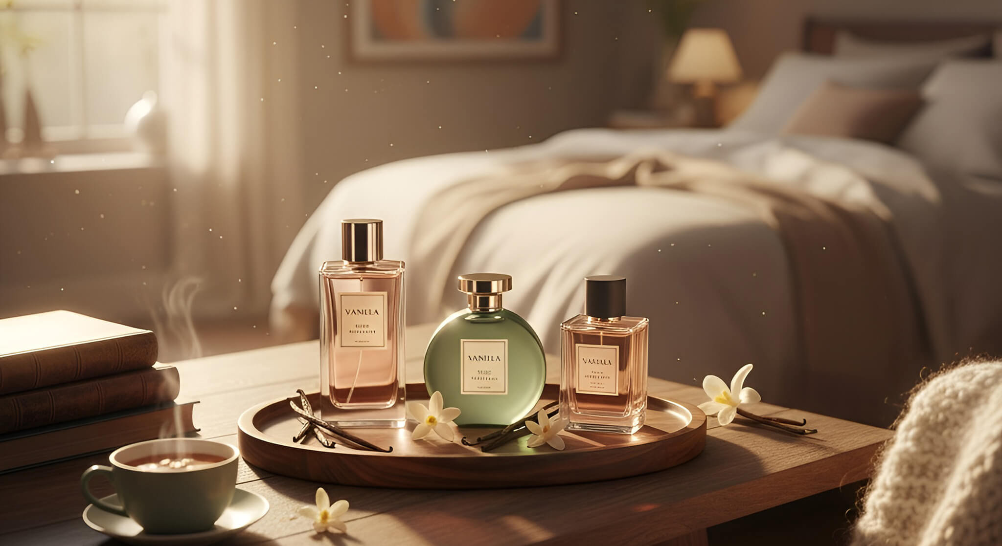 A cozy bedroom scene featuring a selection of warm and comforting vanilla perfumes on a wooden table, alongside a steaming cup and books, ideal for a thoughtful gift.