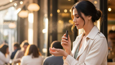 A woman in a bright, modern office subtly reapplies perfume to her wrist, demonstrating the best way to refresh a scent during the day without it being overpowering.