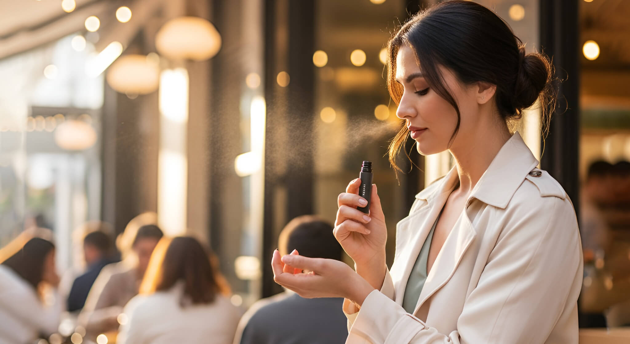 A woman in a bright, modern office subtly reapplies perfume to her wrist, demonstrating the best way to refresh a scent during the day without it being overpowering.