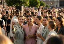 A diverse group of gorgeous women, all sporting a natural look, pose for a selfie amidst a large crowd at VOGUE World, highlighting the biggest beauty surprise from the event.