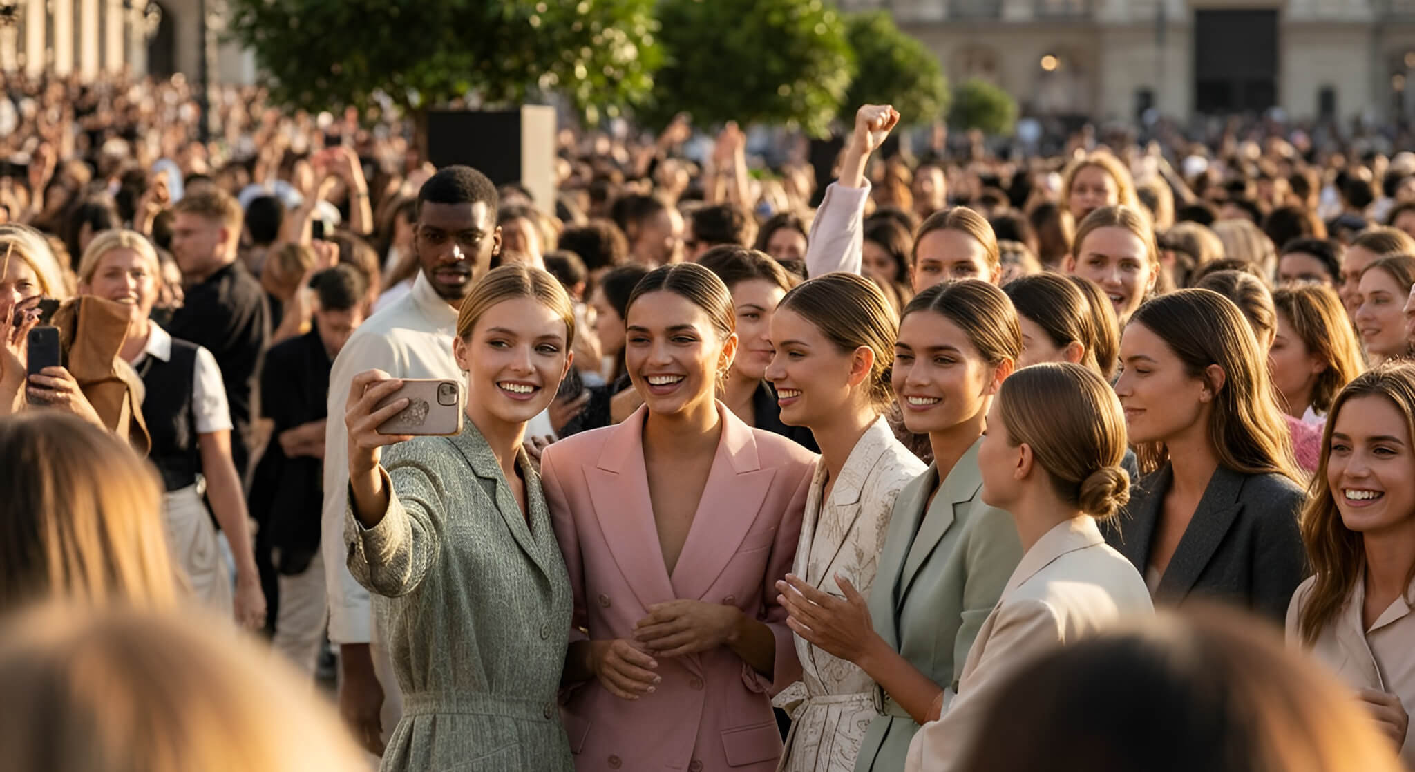 A diverse group of gorgeous women, all sporting a natural look, pose for a selfie amidst a large crowd at VOGUE World, highlighting the biggest beauty surprise from the event.