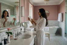 A gorgeous woman in a wide-angle shot of a luxurious bathroom compares blotting papers to blotting films to see which performs better.