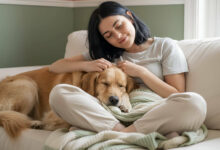 A content woman with closed eyes pets her golden retriever, who is resting peacefully on her lap, showcasing the calming effect of pets.