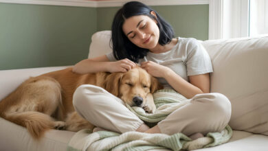 A content woman with closed eyes pets her golden retriever, who is resting peacefully on her lap, showcasing the calming effect of pets.