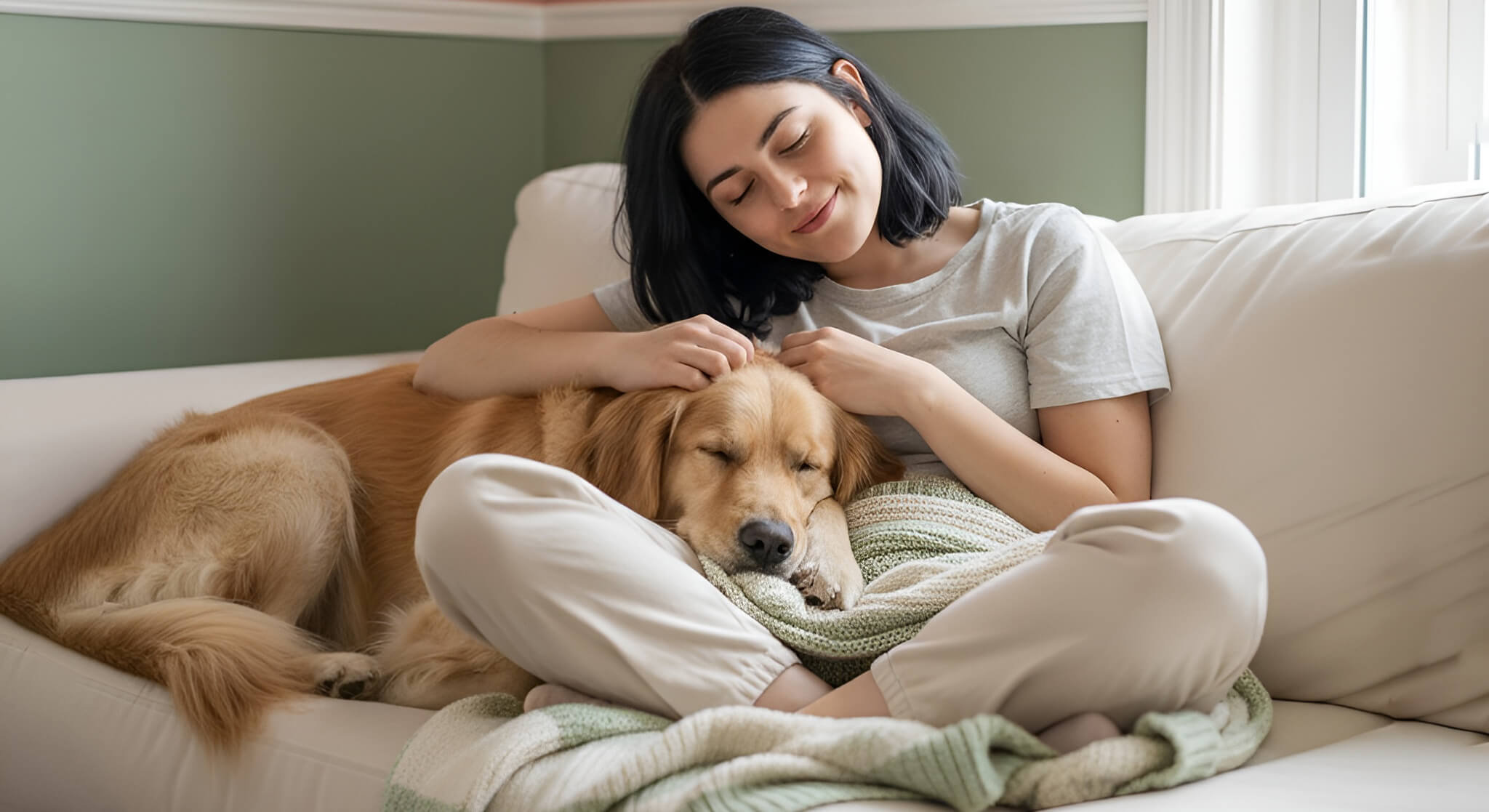 A content woman with closed eyes pets her golden retriever, who is resting peacefully on her lap, showcasing the calming effect of pets.