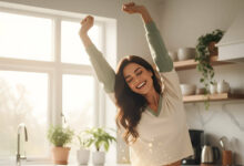 A gorgeous, energetic woman joyfully stretches in a sunlit kitchen, with iron supplements on the counter, illustrating how they can boost energy in non-anemic women.