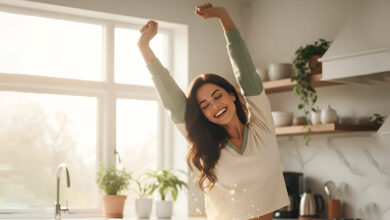 A gorgeous, energetic woman joyfully stretches in a sunlit kitchen, with iron supplements on the counter, illustrating how they can boost energy in non-anemic women.